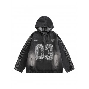 Retro Distressed Washed Denim Hoodie - 2176