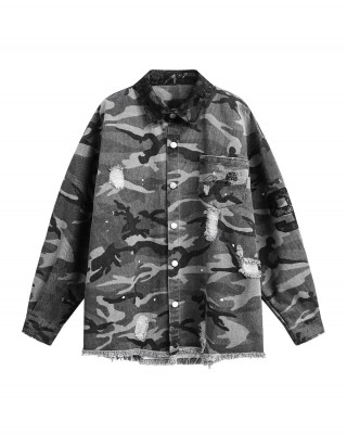 Camouflage Ripped Lace Denim Shirt