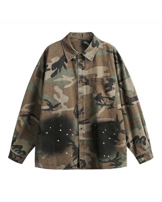 Camouflage Washed Distressed Denim Shirt