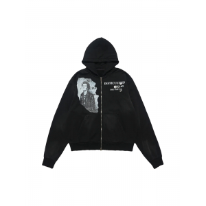 Washed Distressed Retro Portrait Print Double Zipper Hoodie