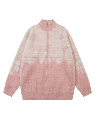 Flame Embroidery Fuzzy Zipper Sweater