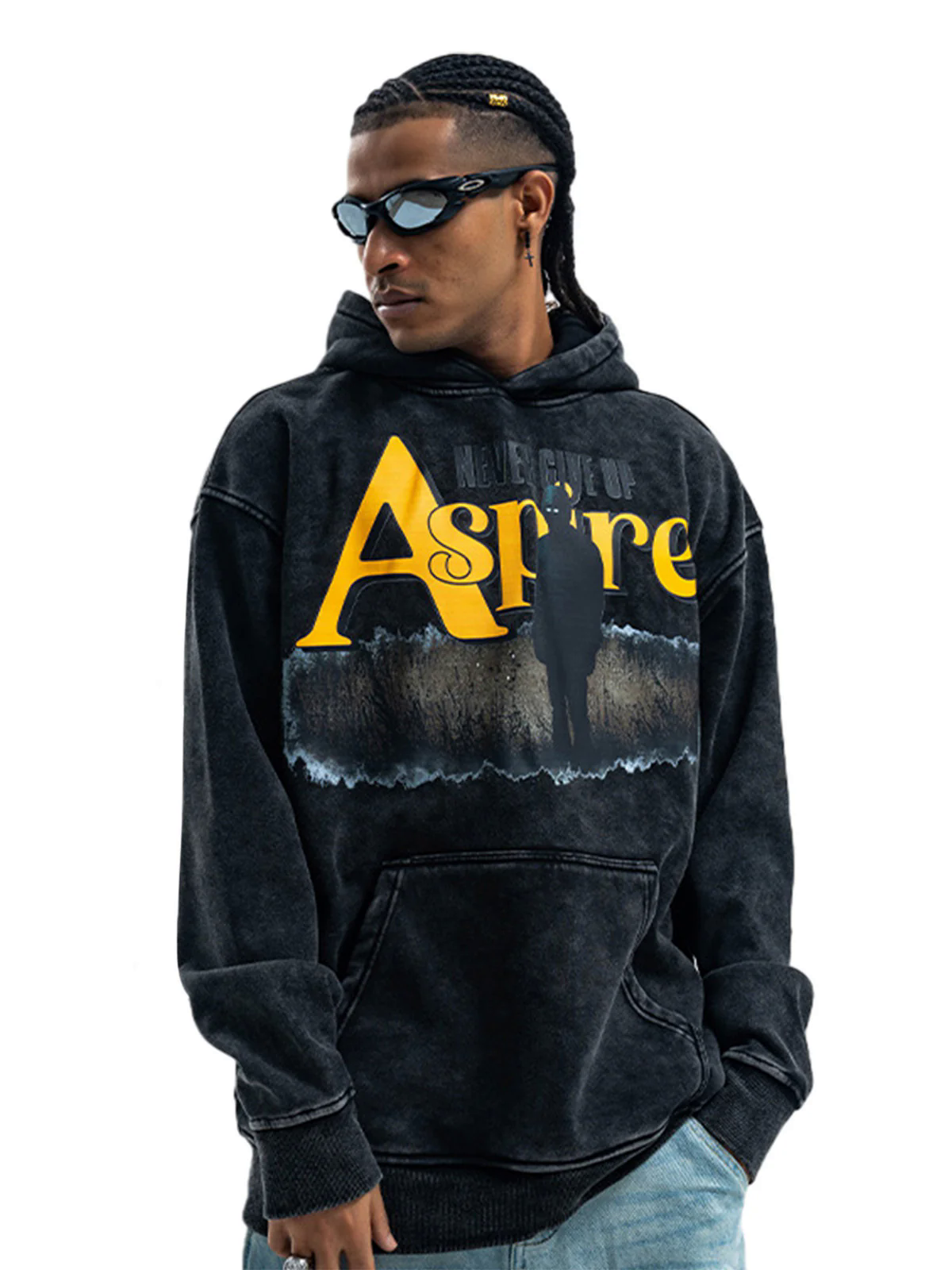Heavy Washed Letter Portrait Print Fleece Hoodie Heavy Washed Letter Portrait Print Fleece Hoodie