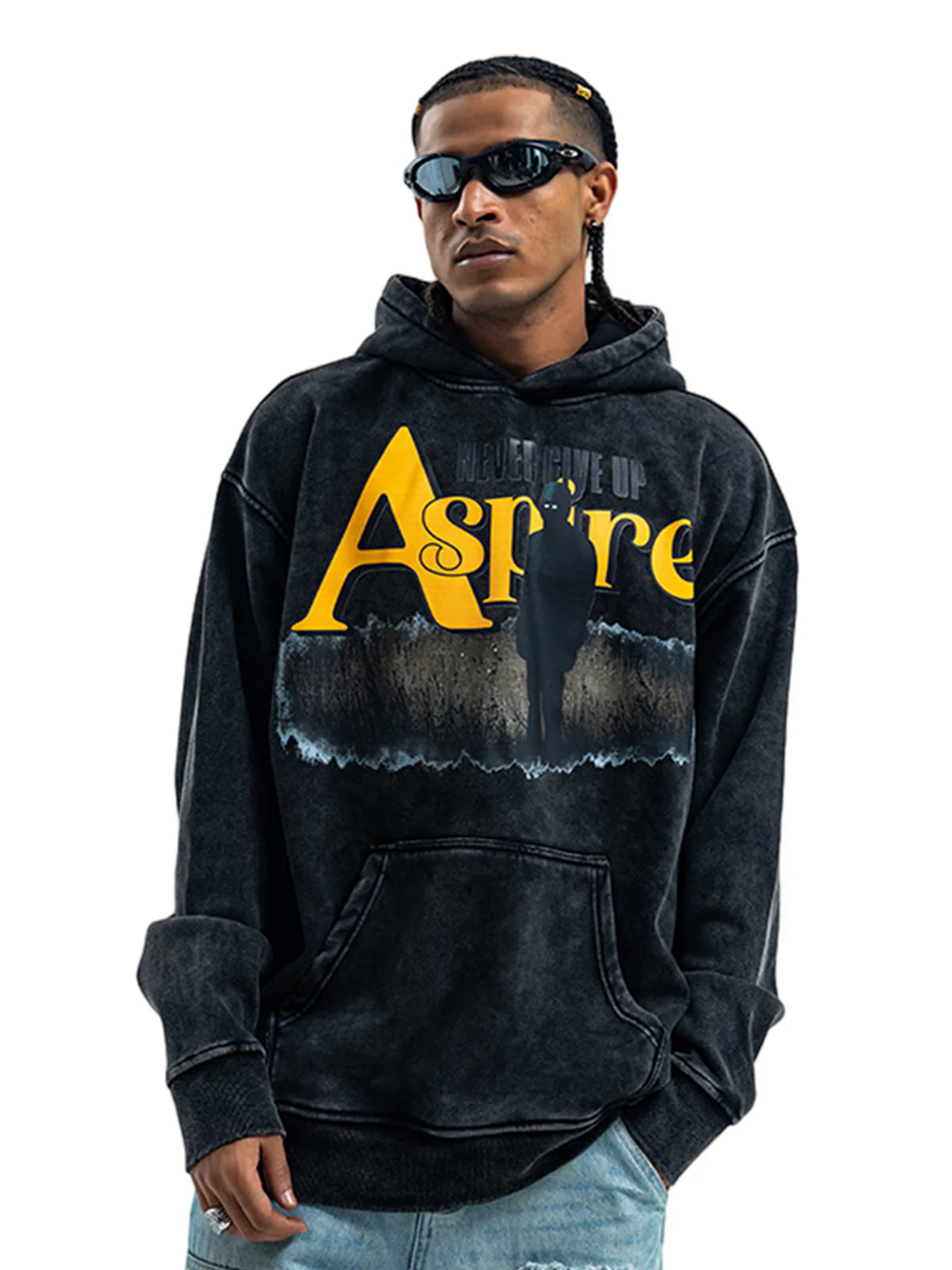 Heavy Washed Letter Portrait Print Fleece Hoodie Heavy Washed Letter Portrait Print Fleece Hoodie