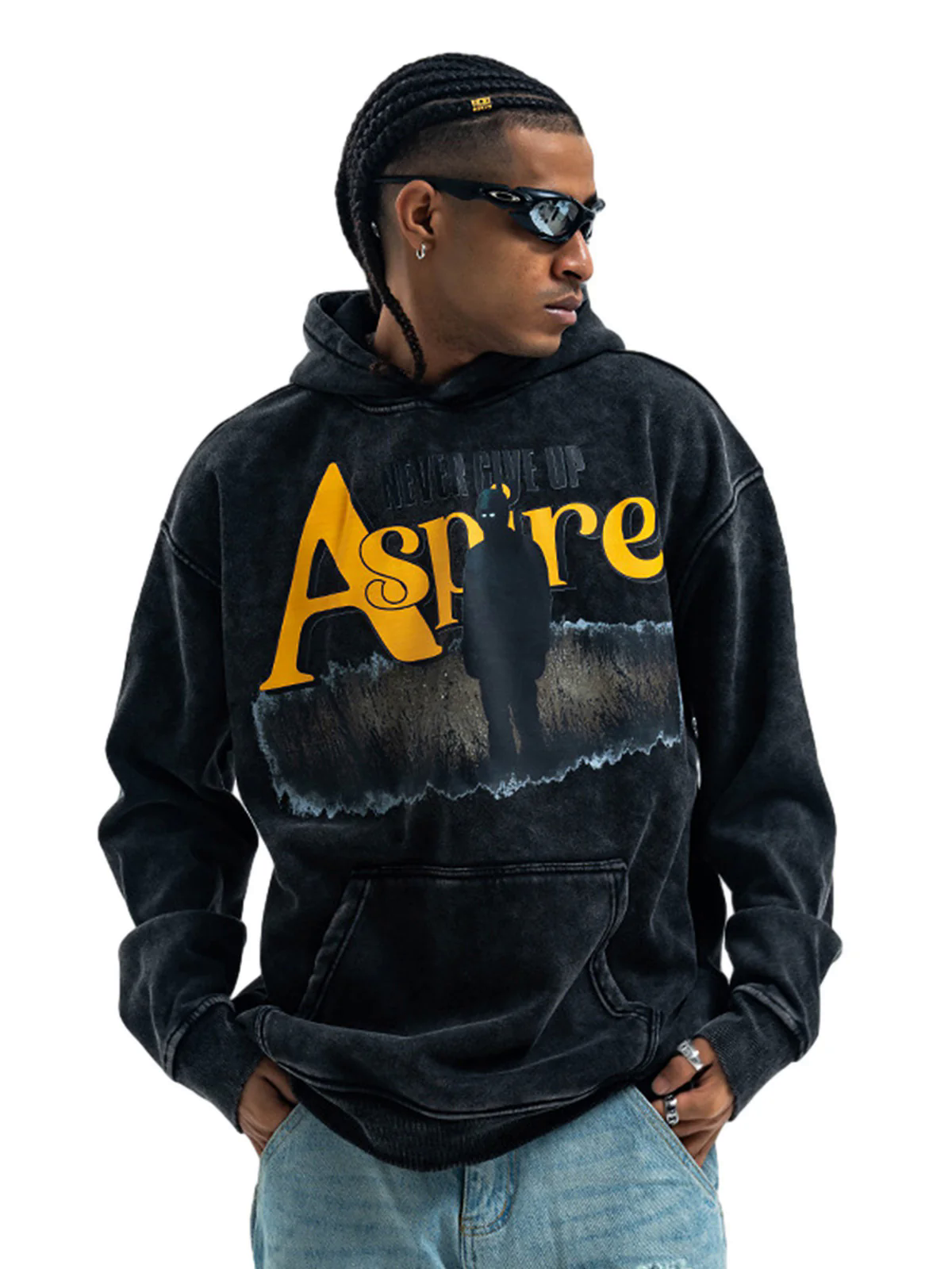 Heavy Washed Letter Portrait Print Fleece Hoodie Heavy Washed Letter Portrait Print Fleece Hoodie