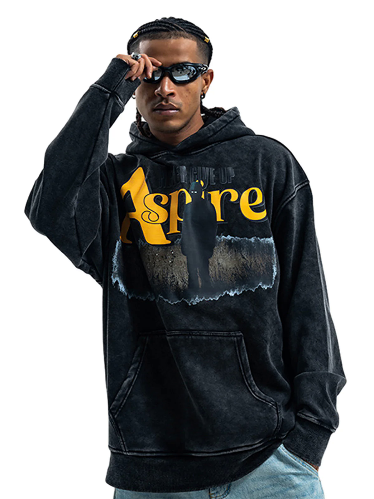 Heavy Washed Letter Portrait Print Fleece Hoodie Heavy Washed Letter Portrait Print Fleece Hoodie